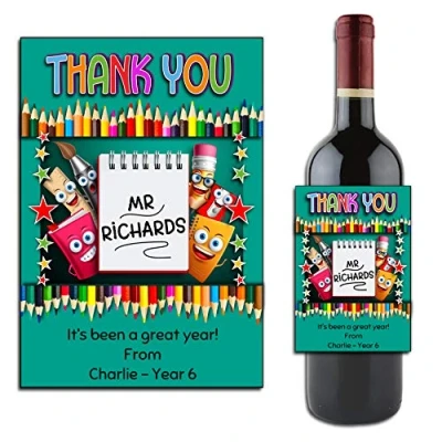 Image of Personalised School Teacher Thank You Gift Idea N161 Wine Champagne Bottle Photo Label