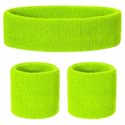 Image of ONUPGO Kids Sweatbands Headband Wristband Set Athletic Cotton Sweat Band for Sports (1 + 2 Wristbands) (Neon Green)