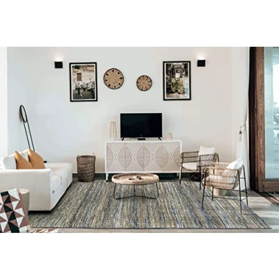 Image of HAMID Wool and Jute Rugs Olivia Hand Woven Rug for Living Room Bedroom Blue Veins (160 x 230 cm)