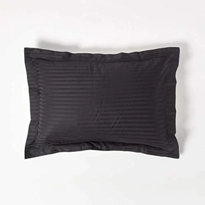 Image of HOMESCAPES Black Pure Egyptian Cotton King Size Oxford Pillowcase 330 TC 500 Thread Count Percale Equivalent Satin Stripe Pillow Case