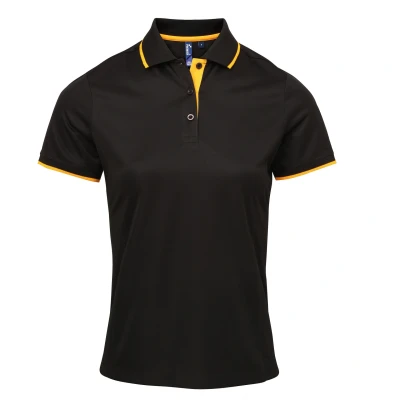Image of Premier Womens/Ladies Contrast Coolchecker Polo Shirt (Black/Sunflower) Size Large
