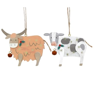 Image of Gisela Graham New England Wooden Cow Christmas Decorations, Set of 2