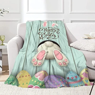 Image of JOOCAR Flannel Throw Blanket Happy Easter Bunny Eggs Funny Cartoon Rabbits Cozy&amp;Soft Plush Blankets for Bed Couch Living Room Sofa Chair 60x80 Inch