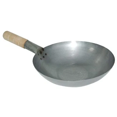 Image of Vogue Mild Steel Wok Flat Base 356 mm, Stay Cool Wooden Handle, Easy to Season, Asian Style Cooking, Stir Fry Noodle Commercial or Home Kitchen Use, K297