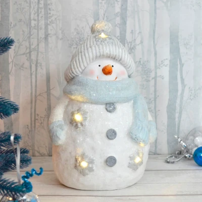 Image of Mr Crimbo Christmas Decoration LED Ceramic Figure White Silver Blue Glitter 37cm Snowman