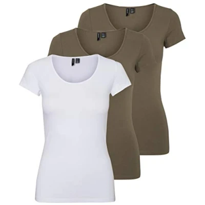 Image of VERO MODA Vmmaxi My SS Noos Women’s Soft Scoop Neck T Shirt, Brown/White (2 x Bungee Cord/1 Bright White)., XXL