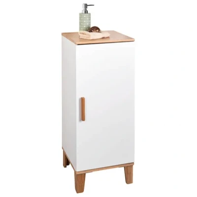 Image of Showerdrape Amalfi Freestanding Bathroom Cabinet With Bamboo Top, Organiser Cupboard, Internal Adjustable Shelves Floor Storage for &amp; Kitchen, White H80 x W33 D31cm