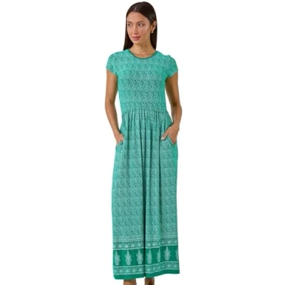 Image of Roman Originals Maxi Dress with Pockets for Women UK Ladies Stretchy Jersey Midi Elasticated Gathered High Waist Skater Swing Fit Flare Office Work Smart Casual Boho Green White Size 12