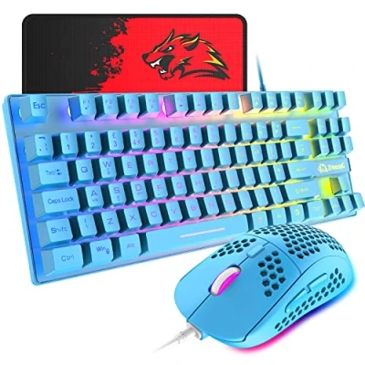 Image of RGB Gaming Keyboard &amp; Mouse, 88 Keys Rainbow Backlit, QWERTY UK Layout Mechanical feel Ergonomic + 6400DPI Ultra Light Honeycomb Shell Mouse,for PS4,PS5,Xbox,PC,Laptop,MAC, Blue