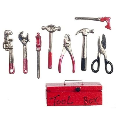 Image of Melody Jane Dolls House Red Tool Box &amp; Metal Tools Miniature Garden 1:12 Shed Work Accessory