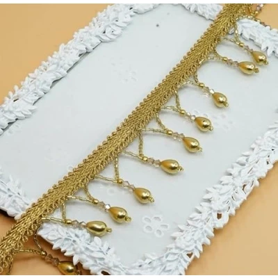 Image of Feathers Creation 1 X Yard Drop Bead Fringe Bridal Saree Tassel Trim Curtain Edge Lace Sew on (Dull Gold)