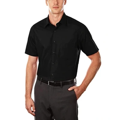 Image of Van Heusen Men&#039;s Short Sleeve Dress Shirt Regular Fit Poplin Solid, Black, 17&quot; Neck