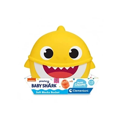 Image of Clementoni 17427, Soft Clemmy Baby Shark Blocks Bucket For Babies And Toddlers, Ages 6 Months Plus