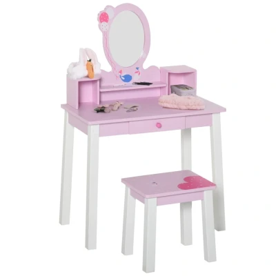 Image of HOMCOM Kids Wooden Dressing Table and Stool Make Up Desk (Pink)