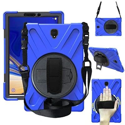 Image of CWNOTBHY Kids Case for Samsung Galaxy Tab S4 10.5 2018 SM T830/T835/T837 with Hand Strap, [360 Degree Rotating Kickstand/Hand Strap+ Shoulder Strap], Heavy Duty Drop Protection (Dark Blue)