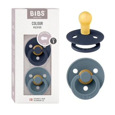 Image of BIBS Colour Soother 2 Pack, BPA Free Dummy Pacifier, Round Nipple. Natural Rubber Latex, Size 1 (0 6 Months), Deep Space/Petrol