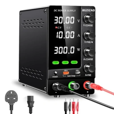 Image of RUZIZAO Bench Power Supply 30V 10A, Adjustable Regulated DC with OCP/OVP, Output Switch and Encoder Knob, Lab Variable Switching USB A/Type C 18W Quick Charge Port
