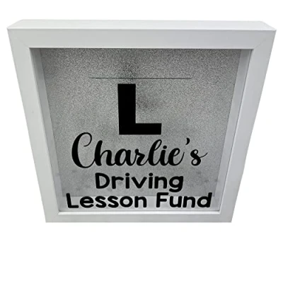 Image of Personalised Driving Lesson Fund Wooden Money Box Savings (Silver Glitter)