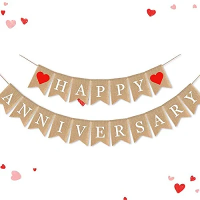 Image of SWSATYW Burlap Happy Anniversary Banner Party Bunting Garland Wedding Decoration Supplies