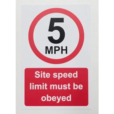 Image of 5 mph Site speed limit must be obeyed Safety sign 3mm Aluminium 300mm x 200mm Case (Pack of 5)
