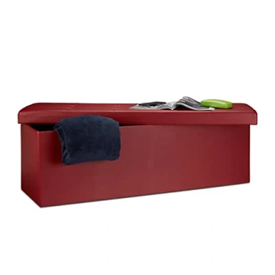 Image of Relaxdays Folding Storage Ottoman XL, 38 x 114 cm Sturdy Seat with Bench, Faux Leather, Removable Lid, Dark Red