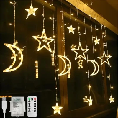 Image of CNMTCCO Christmas Window Lights Decorations Indoor, 138 LED Star Moon Curtain Outdoor, Fairy String Lights, USB+Battery Operated 8 Modes (Warm White)