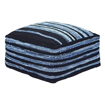 Image of HOMESCAPES Contemporary Style Striped Square Bean Filled Pouffe &#039;Texas&#039; Navy &amp; Light Blue Denim Leather Footstool, 60 cm