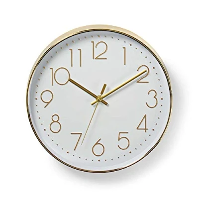 Image of Nedis White Wall Clock for Livingroom, Kitchen or Bedroom, 30cm Diameter Glass Analogue with Easy to Read Numbers Golden