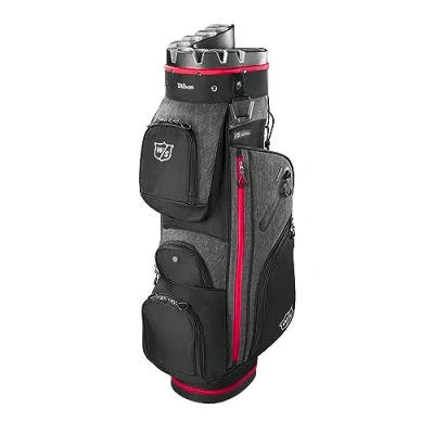 Image of Wilson Staff Golf Bag, I Lock 3 Cart Trolley 14 Compartments for Various Clubs, Black/Red
