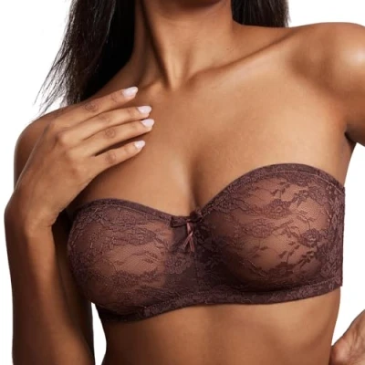 Image of DOBREVA Women&#039;s Strapless Bras See Through Sheer Lace Non Padded Underwired Multiway Bra Hazelnut 40D
