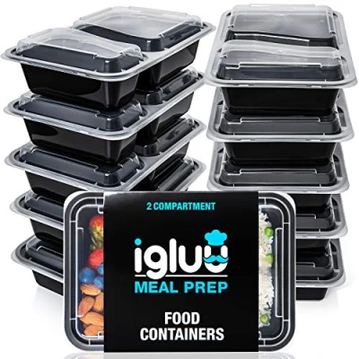 Image of [30 Pack] 2 Compartment BPA Free Reusable Meal Prep Containers Plastic Food Storage Trays with Airtight Lids Microwavable, Freezer and Dishwasher Safe Stackable Bento Lunch Boxes (30 oz)