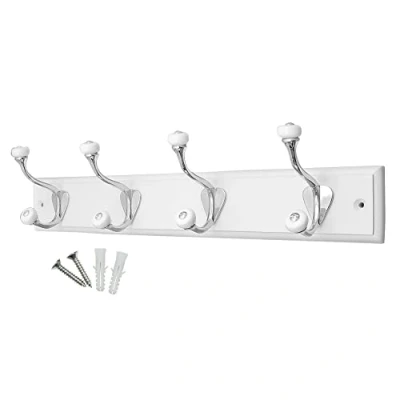 Image of keypak 4 Hook Wall Mounted Coat Rack, 45cm White Board, Ceramic Tip Hooks Fixings Included