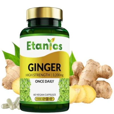 Image of Etanics Ginger Capsules High Strength 3200mg Root Extract Supplement for Sickness, Nausea &amp; Joint Pain Suitable Vegetarians and Vegans Made in The UK