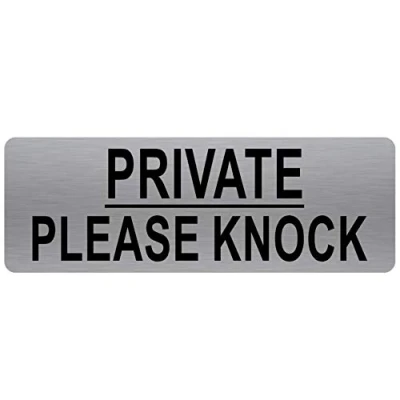 Image of METAL Private Please Knock Sign TEXT ONLY Brushed Silver Aluminium Warning Safety Security Door Notice Office Shop Warehouse School Cafe