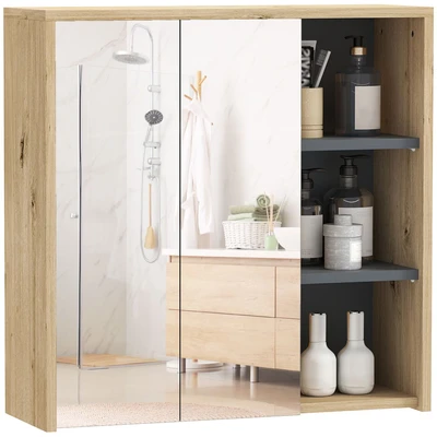 Image of HOMCOM Bathroom Mirror Cabinet, Wall Mounted Cabinet with Mirror, 2 Doors and Cupboards, Natural
