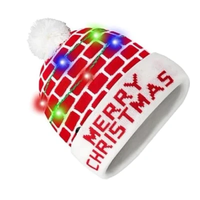 Image of Topzilly LED Light Up Christmas Beanie Hat Fun Festive Hats for Adults &amp; Kids Cozy Bobble with Flashing Lights Elf Hats, Baby Hat, Holiday Gifts Parties (Merry Christmas)