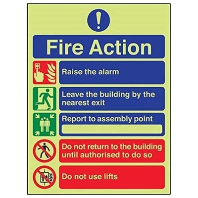 Image of V Safety Glow In The Dark 5 Message Fire Action Notice Sign 150mm x 200mm Self Adhesive Vinyl