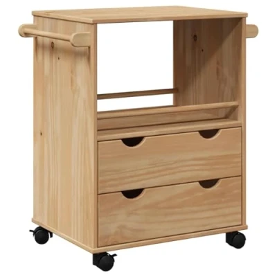 Image of vidaXL Kitchen Trolley Rolling Cart/Solid Pine Wood/Honey Wax Finish 4 Wheels, Ample Storage/Kitchen, Living Room, Bathroom Use