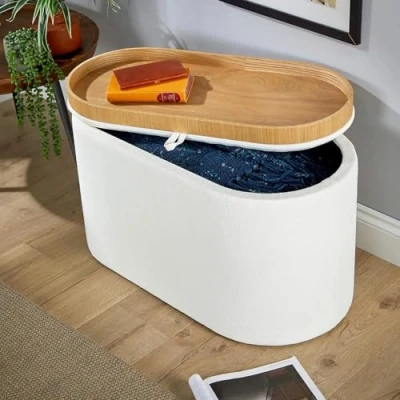 Image of Home Source Oval Fabric Covered Storage Ottoman with Detachable Wooden Lid, White
