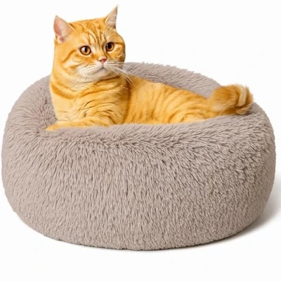 Image of SEOUGEE Calming Donut Cat Bed, Fluffy Plush Round Dog Cosy Soft Washable Cushion Warming Pet Beds with Non Slip Bottom, Indoor Sleeping Cuddler Nest for Cats Puppy Kitten (Taupe 40cm)