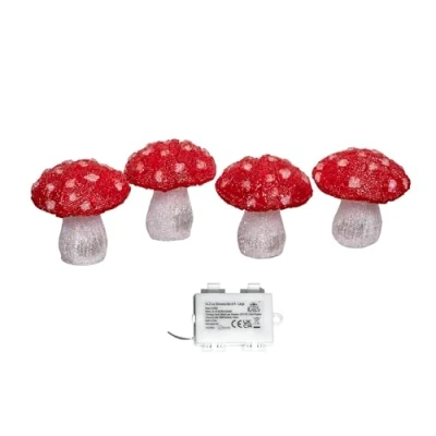 Image of Samuel ALEXANDER Set of 4 Battery Operated Red &amp; White Acrylic Christmas Mushrooms with Cool LEDs