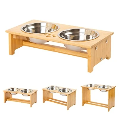 Image of FOREYY Raised Dog Bowls for Cats and Dogs Bamboo Elevated Cat Food Water Stands Feeder Dishes with 2 Stainless Steel Anti Slip Feet (Small 10 cm high)