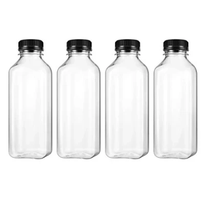 Image of UKCOCO PET plastic empty storage containers, drinking bottles with lid, for juice, black screw caps, 4 pcs