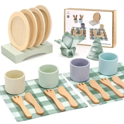 Image of Little Log Wooden Toy Dish Set Toddler Plates and Cutlery Children&#039;s Kitchens Accessories Kids Role Play Gift for Girls Boys