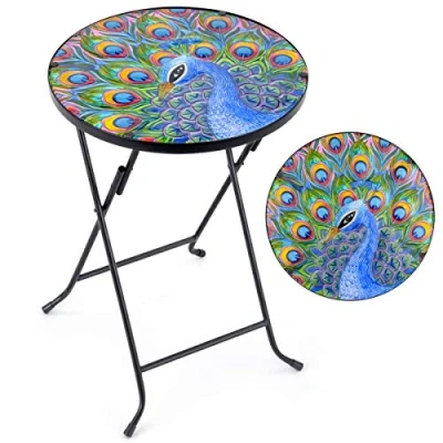 Image of CHRISTOW Bistro Table Glass Top Round Folding Garden Patio Decoration Plant Stand (Painted Peacock)