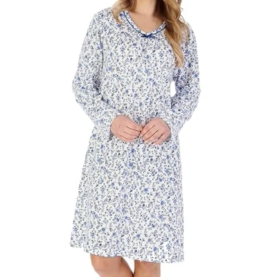 Image of Slenderella Ladies Ditsy Floral Jersey Cotton Nightdress Long Sleeve Nightie UK 24/26 (Blue)