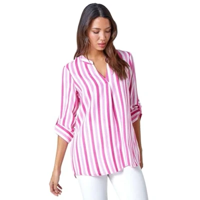 Image of Roman Originals Leaf V Neck Stretch Jersey Top for Women UK Ladies Pleated Shirt Notch Blouse Summer Tunic Spring Pull On Soft Evening Holiday Work Party Everyday Pink &amp; White Size 18