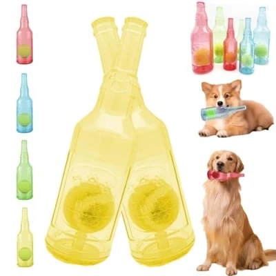 Image of Crunch Play bottle toy, Crunchnplay Toy for Dogs, 9.7&quot;/7.7&quot; Rubber water Dog Interesting Squeaky Toys, Outdoor Interactive Chew with Tennis Ball (2*Yellow,Large)