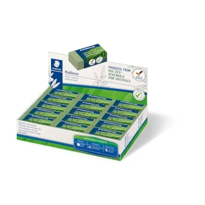 Image of Staedtler Eraser, eraser made from up to 56% natural and renewable content, phthalate latex free, sliding cuff, size 43 x 19 13 mm, 30 olive green erasers in cardboard display, 526 83 5