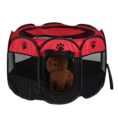 Image of Portable Pet Playpen Puppy Dog Cat Cage Crate 74 x 43cm Soft Fabric Foldable Indoor Outdoor for Rabbit Hamster Guinea Pig Red
